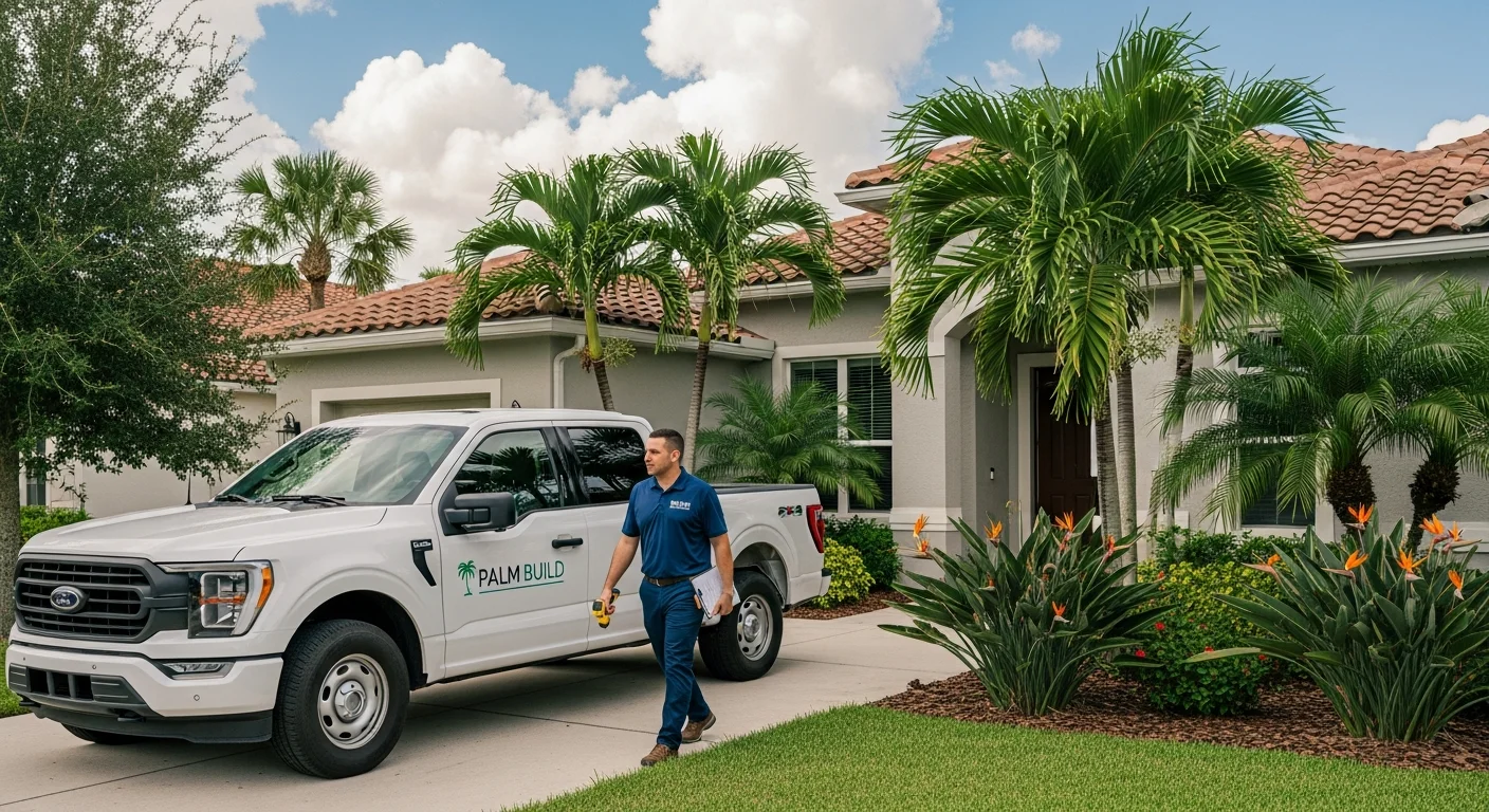 Palm Build restoration truck parked in the driveway of a Florida stucco home with a technician walking toward the front door carrying inspection equipment
