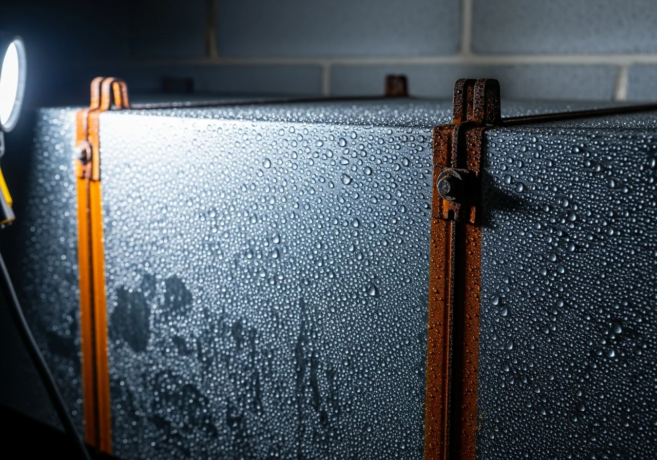 Metal HVAC ductwork in a crawl space covered in water condensation droplets with visible rust streaks on metal hangers