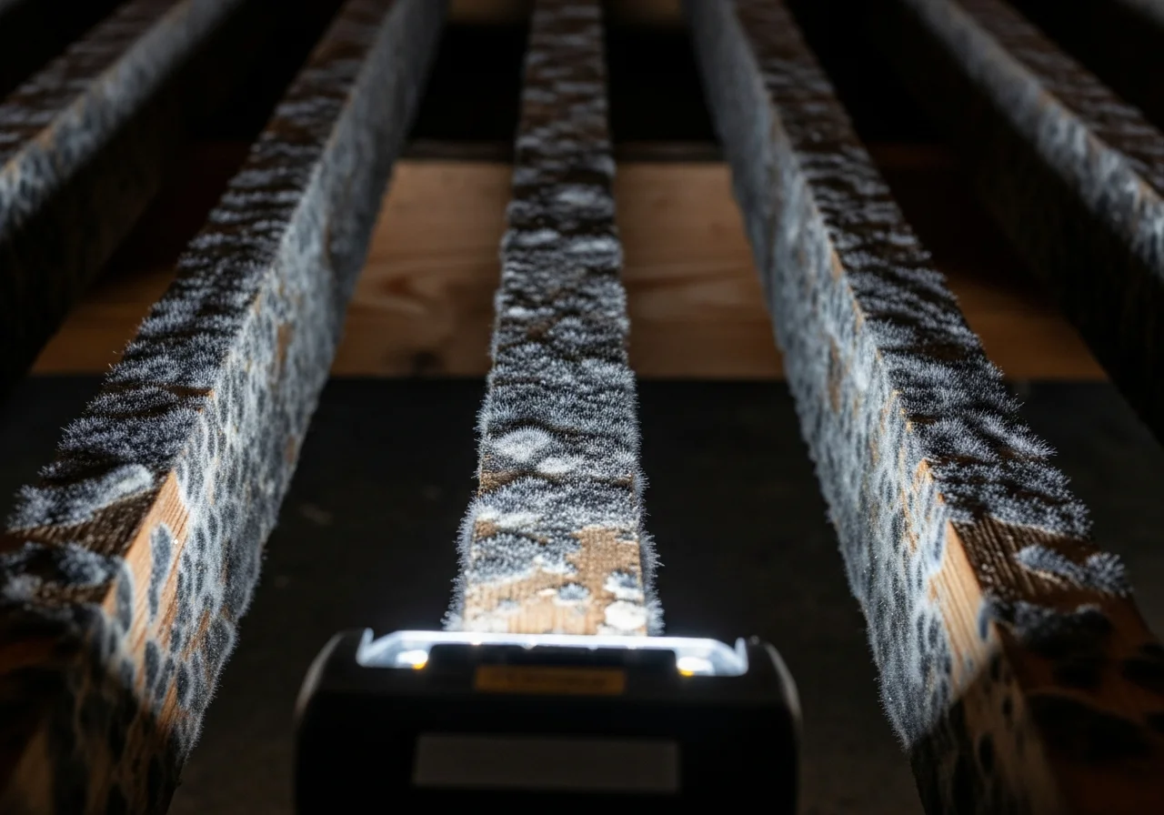 Dark gray and black fuzzy mold growth covering residential floor joists in a crawl space illuminated by a work light
