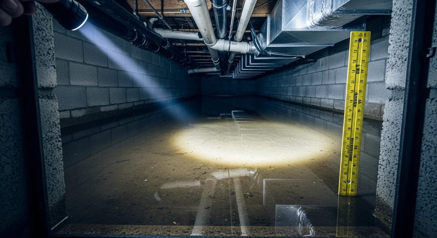 Crawl space access hatch view showing dark standing water covering the entire dirt floor reflecting foundation walls and pipes overhead