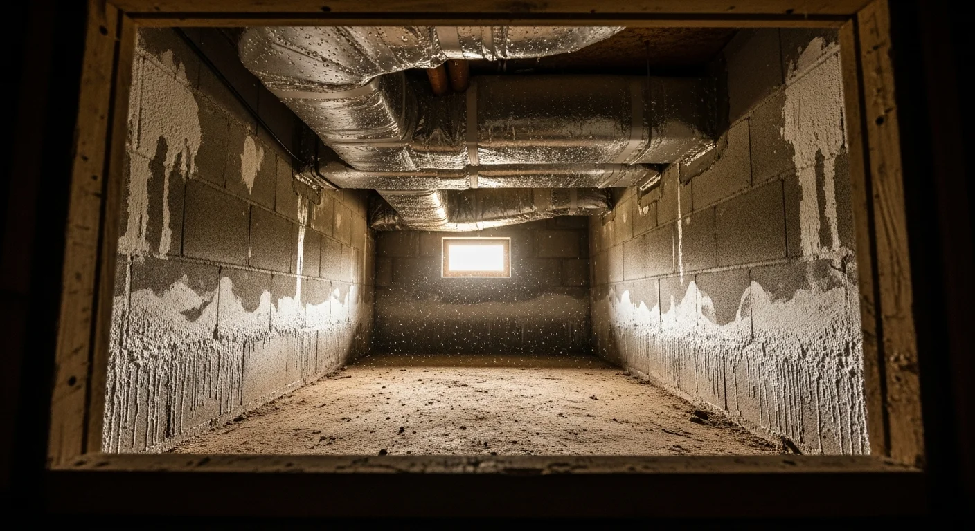 View into a residential crawl space showing moisture staining on concrete block foundation walls and condensation on HVAC ductwork