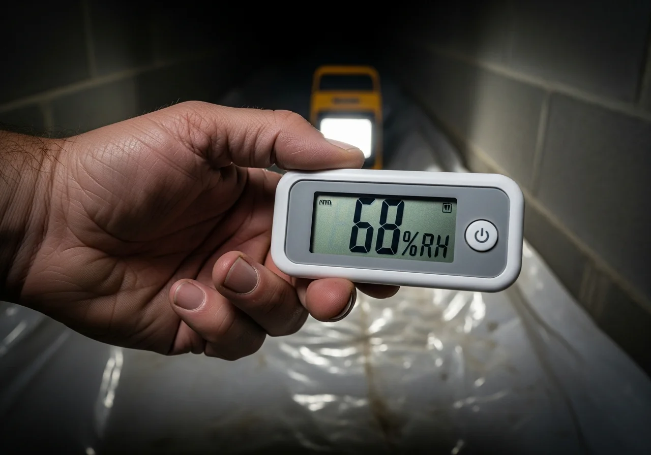 Hand holding a digital hygrometer displaying 68% relative humidity in a dim crawl space with concrete block foundation wall and vapor barrier in background