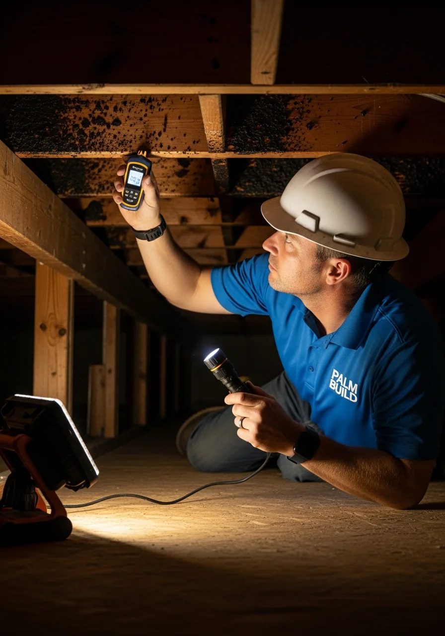 Palm Build restoration technician in branded polo shirt and hard hat inspecting floor joists with a moisture meter in a tight residential crawl space