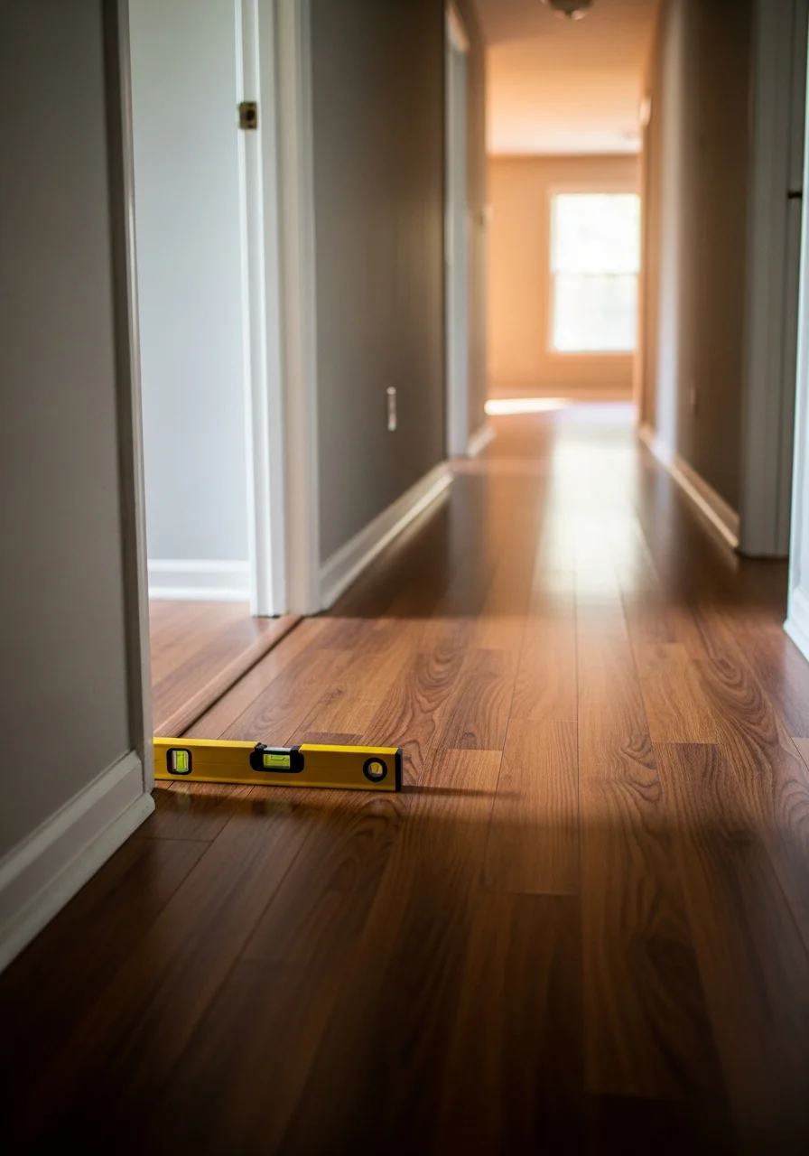 Spirit level on hallway laminate flooring showing a visible tilt due to sagging from crawl space joist damage