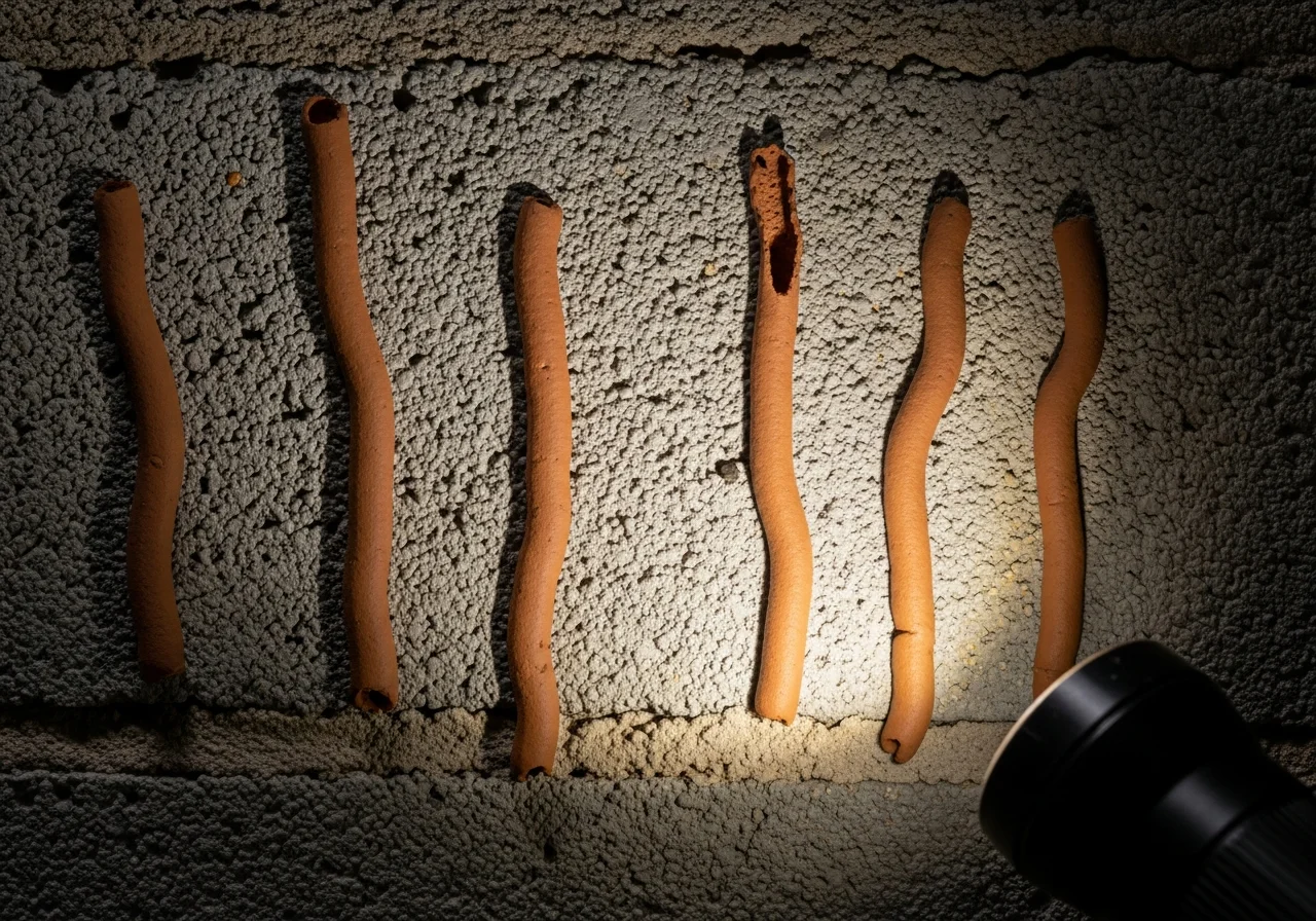 Subterranean termite mud tubes running vertically up a concrete block crawl space foundation wall