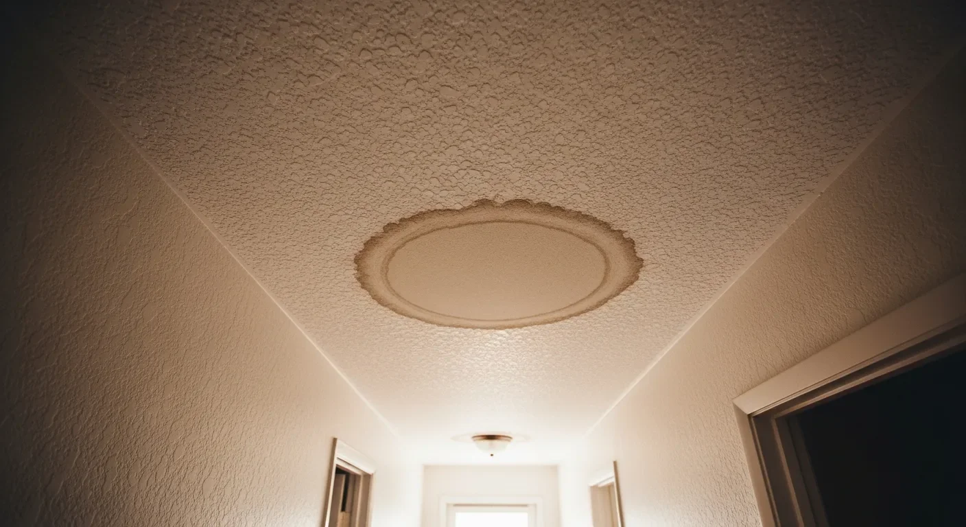 Large light-brown water stain ring on a textured popcorn ceiling from an old roof or plumbing leak