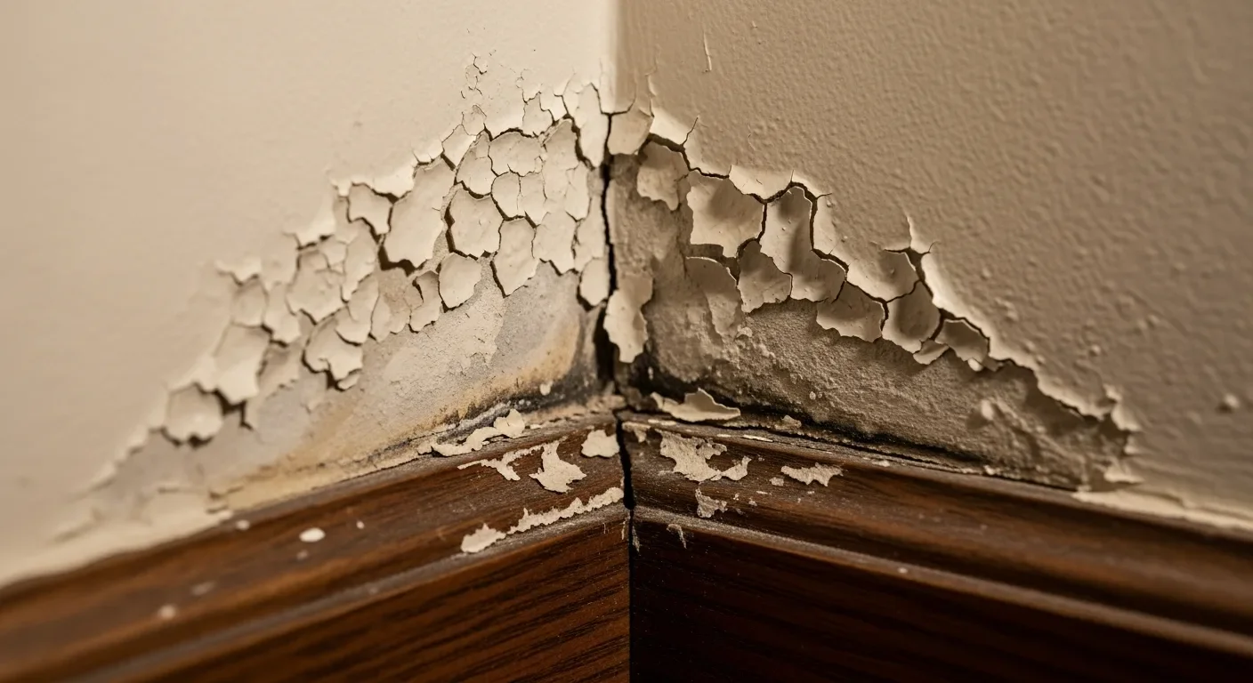 Close-up detail of paint bubbling and cracking on an interior wall near a baseboard from moisture behind the drywall