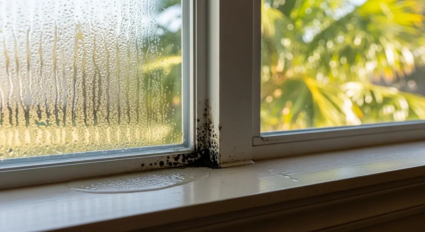 Heavy condensation on a residential window with pooled water and early-stage black mold spotting on the wooden sill