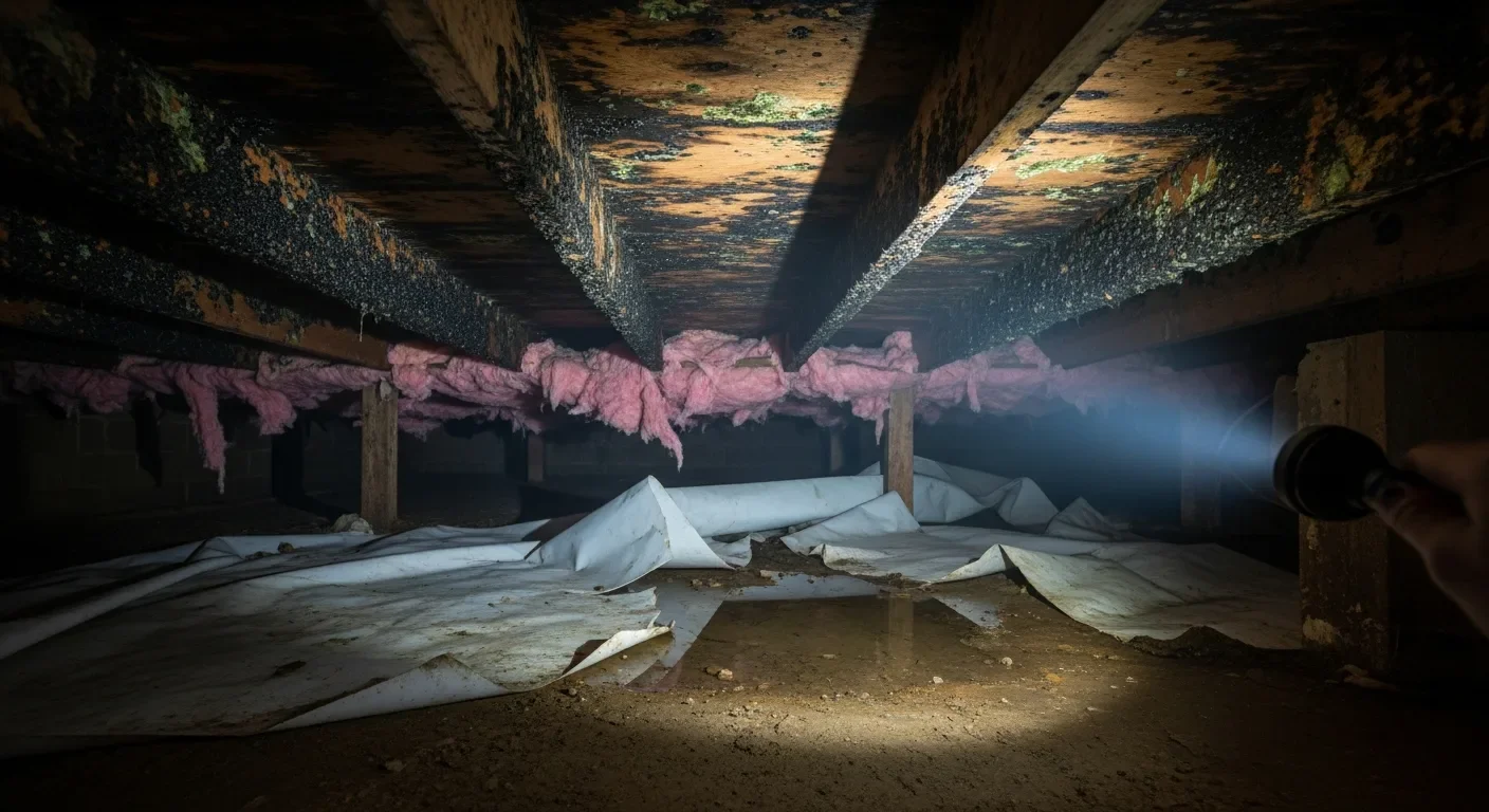 Dark moisture staining and mold growth on floor joists inside a residential crawl space with a torn vapor barrier and standing water