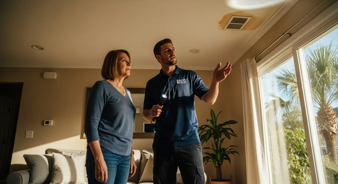 Palm Build restoration technician showing a homeowner a brown water stain on a living room ceiling near an HVAC vent in a warm, sunlit southern US home