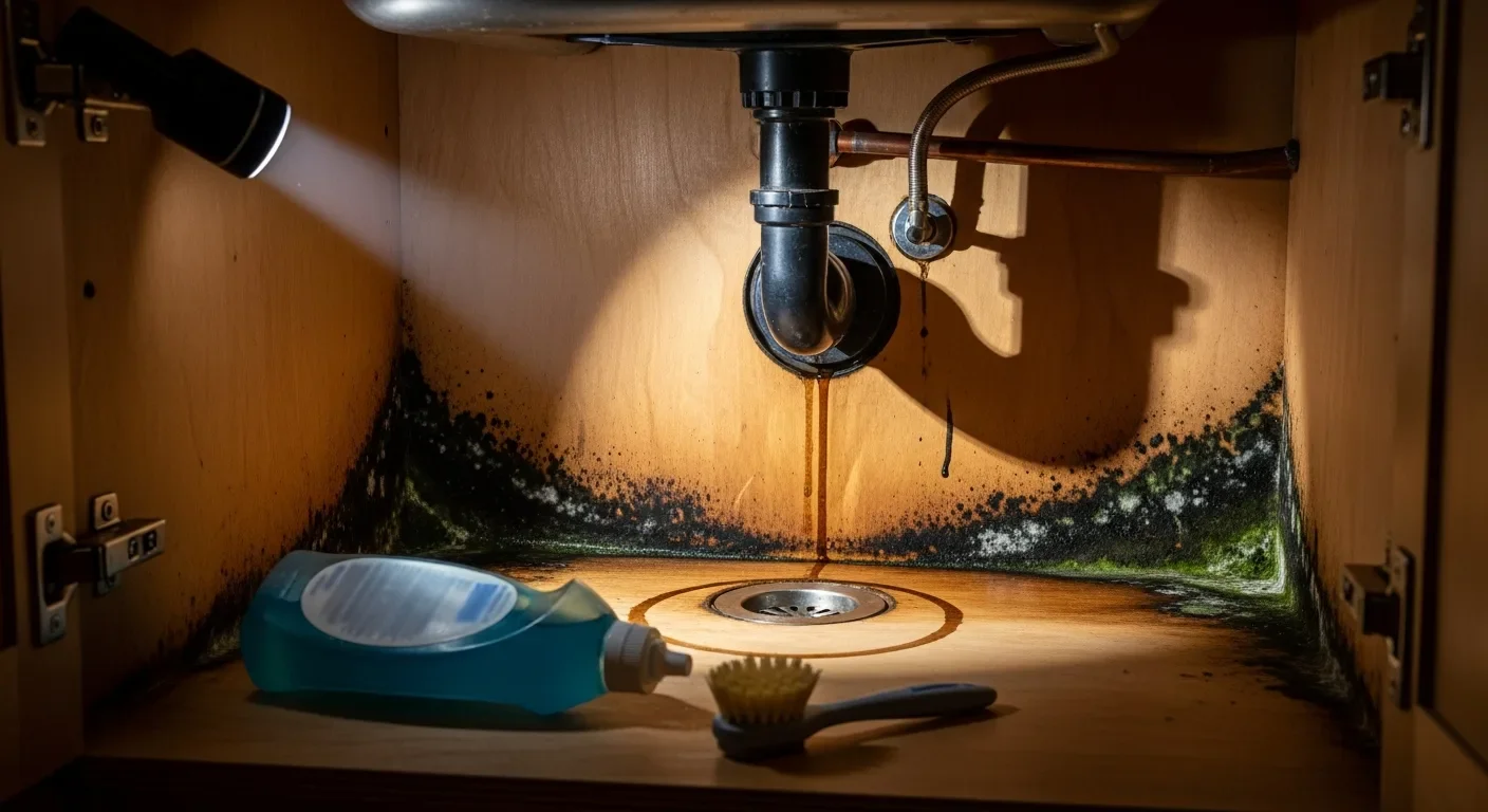 Dark water staining and early-stage black mold spotting on the rear plywood of a kitchen under-sink cabinet, lit by a flashlight beam