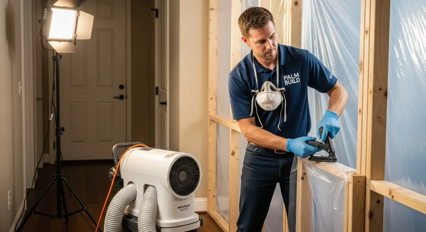 Palm Build mold remediation technician in a branded polo shirt setting up a plastic containment barrier with a commercial HEPA air scrubber in a residential hallway