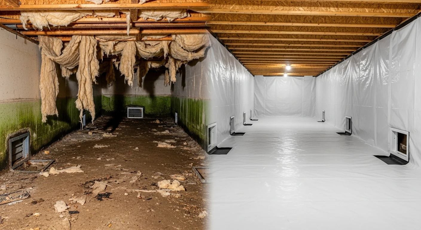 Side-by-side comparison of a neglected vented crawl space with sagging insulation and mold versus a clean encapsulated crawl space with white vapor barrier