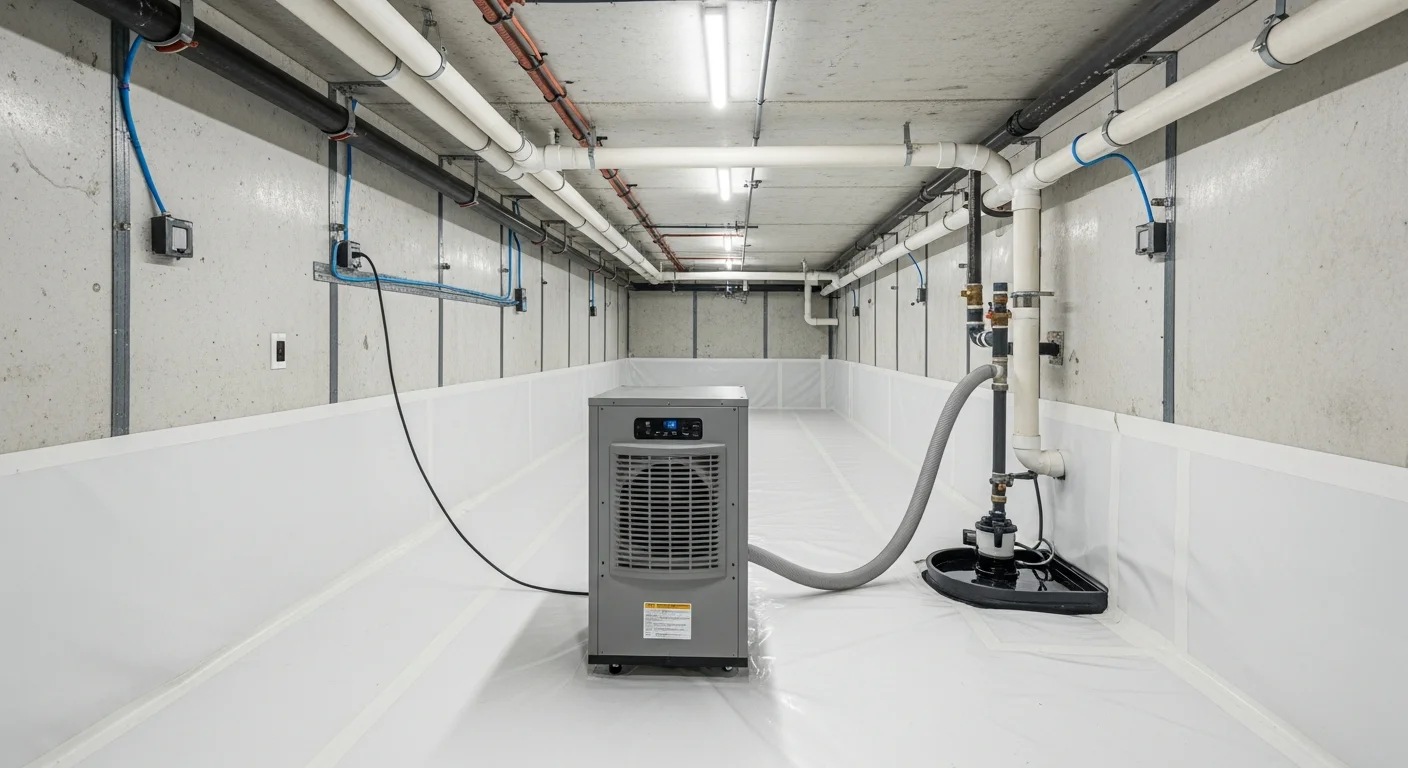 Commercial-grade dehumidifier operating inside a completed encapsulated crawl space with clean white vapor barrier on floor and walls