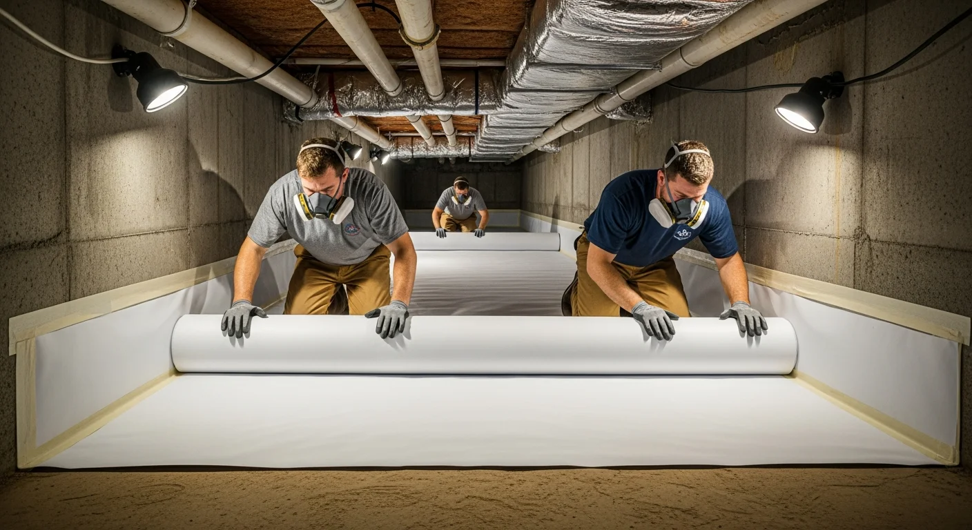Professional restoration technicians in PPE installing white polyethylene vapor barrier in a South Carolina crawl space with work lights illuminating the confined area
