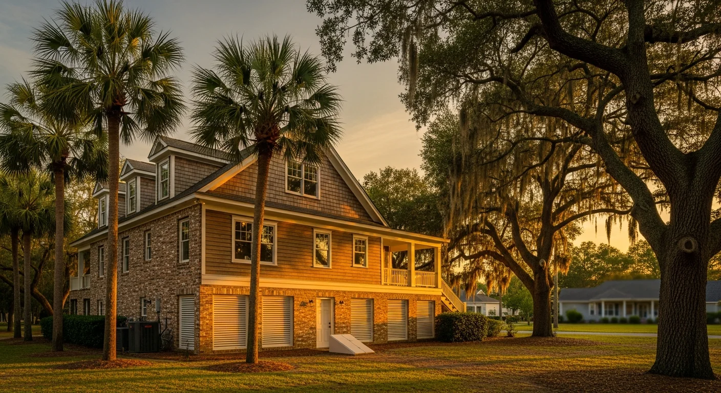 South Carolina raised home with visible crawl space foundation surrounded by palmetto trees and live oaks with Spanish moss in warm golden hour lighting