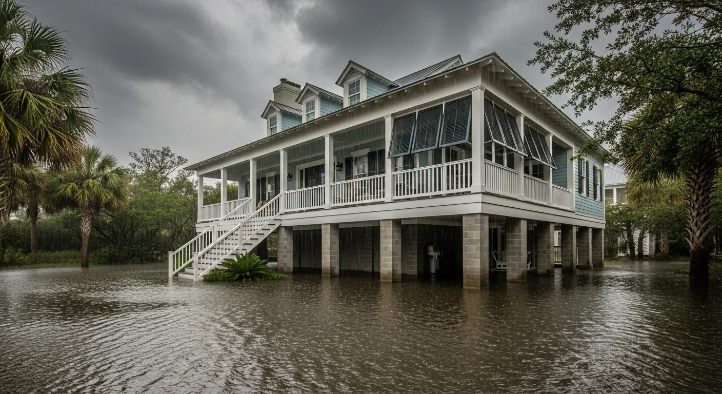 Charleston-style raised home during heavy rainfall with standing water pooling around the concrete block foundation in the South Carolina Lowcountry