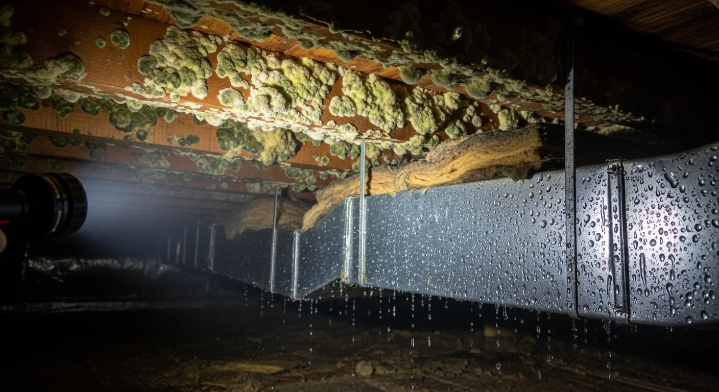 Mold growth on wooden floor joists inside a South Carolina crawl space with condensation visible on HVAC ductwork illuminated by flashlight