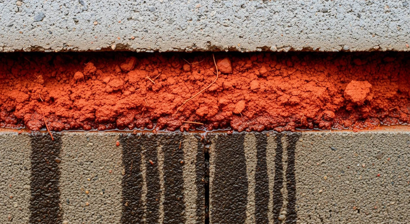 Saturated Piedmont red clay soil pressed against a concrete foundation wall in the South Carolina Upstate with visible moisture seeping through