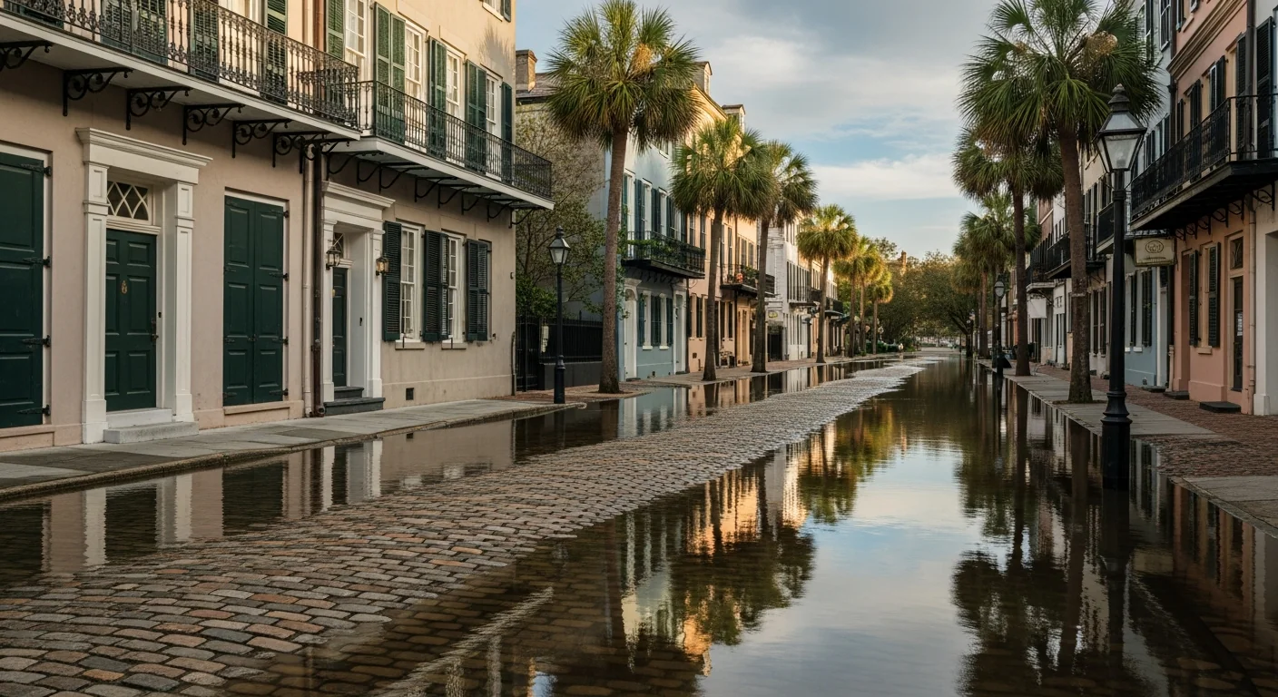 Historic downtown Charleston South Carolina cobblestone street with king-tide flooding reflecting pastel townhouses and palmetto palms after a coastal storm
