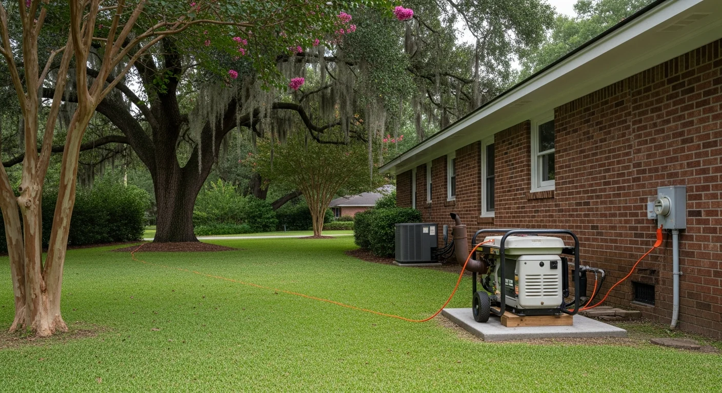 Portable gasoline generator placed approximately 20 feet from the side of a South Carolina brick ranch home on a concrete pad with the exhaust pointing away from windows and an extension cord running to the house