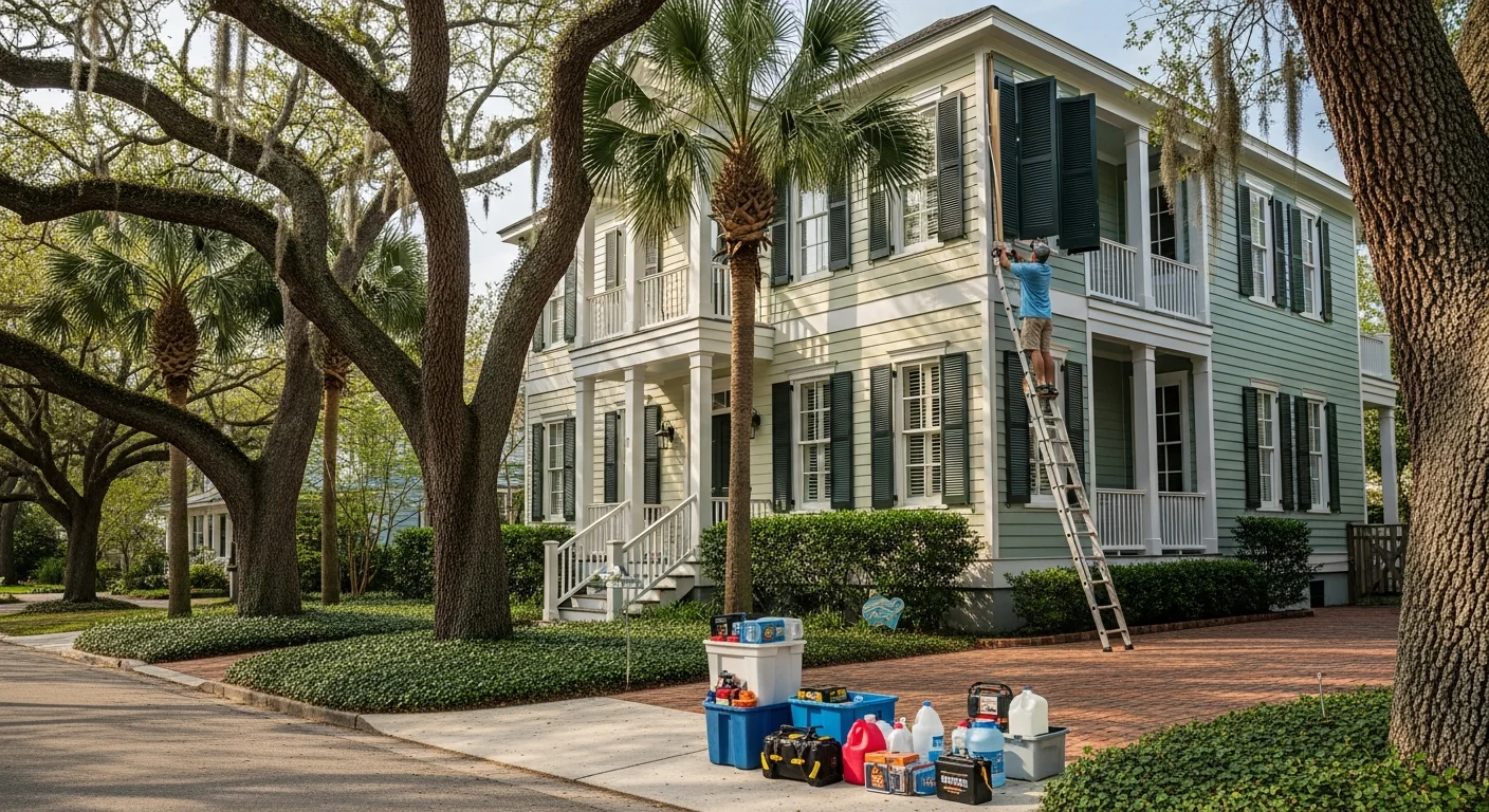Charleston Lowcountry coastal home with palmetto palms, live oaks draped in Spanish moss, and supply bins on the brick driveway as a homeowner installs accordion hurricane shutters during early hurricane season prep
