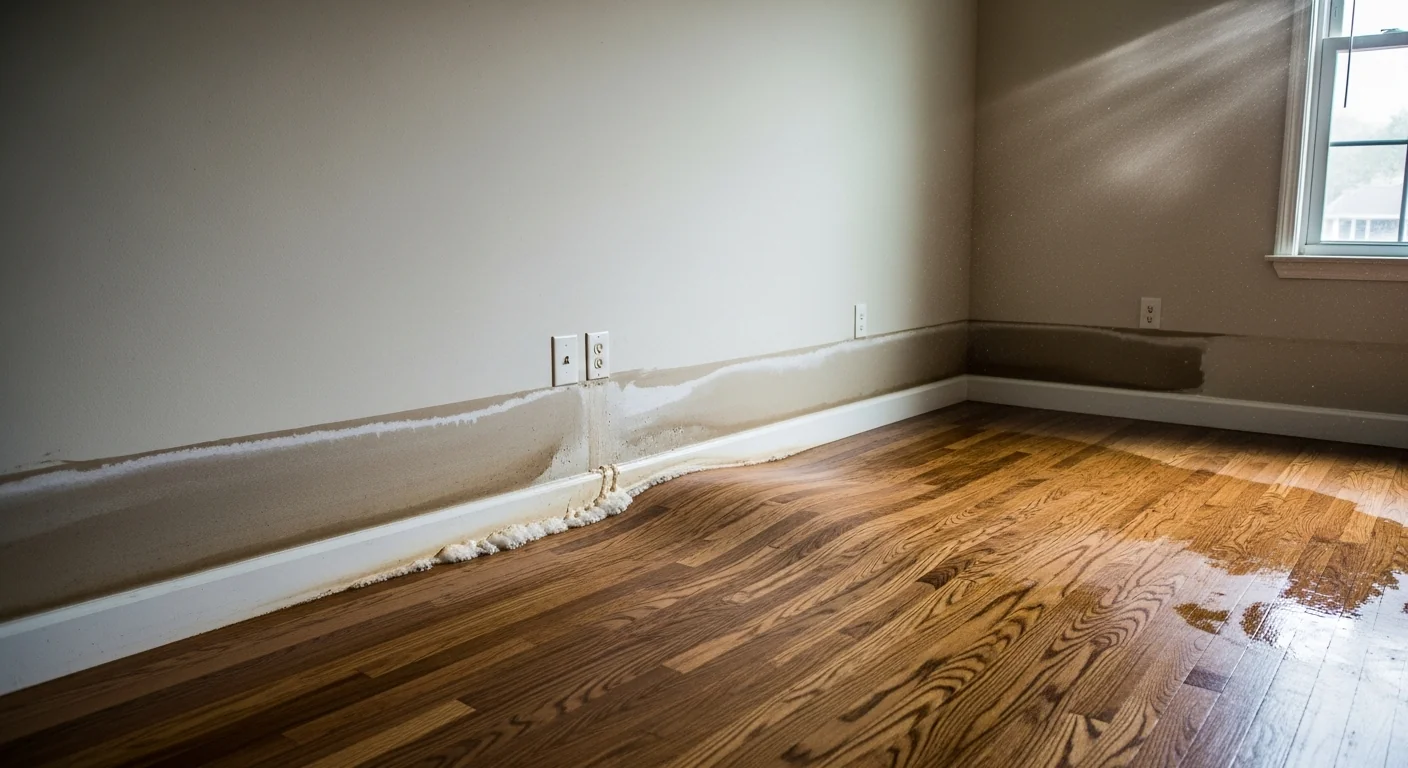 Interior of a South Carolina home with a horizontal tide line stained on the drywall about 18 inches above the floor, swollen baseboards, and warped hardwood flooring after tropical storm flooding