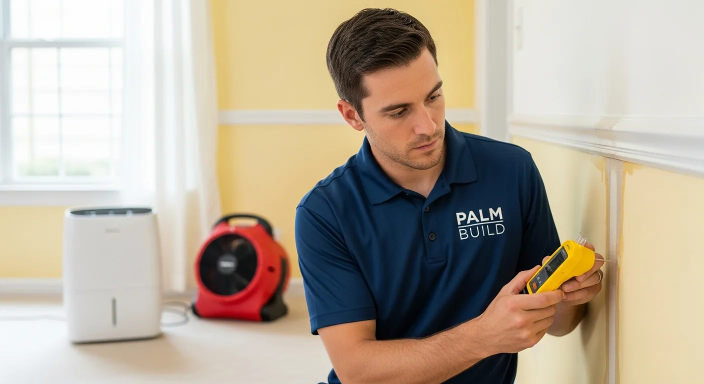 Palm Build technician in a navy branded polo shirt holding a yellow handheld moisture meter against a damp drywall section in a South Carolina home interior with dehumidifier and air mover equipment in the background