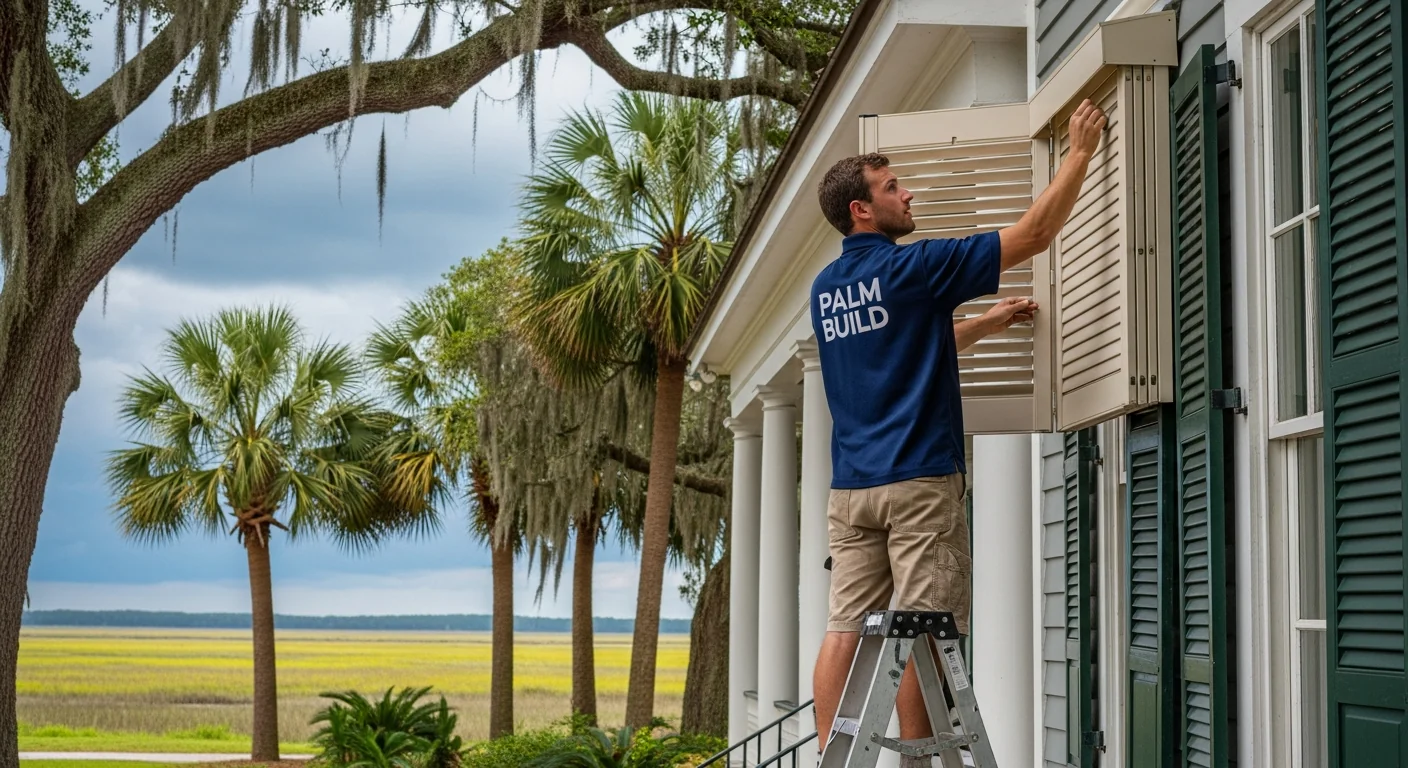Palm Build technician in a navy branded polo shirt installing a beige accordion hurricane shutter on the window of a South Carolina Lowcountry coastal home with palmettos and salt marsh in the background