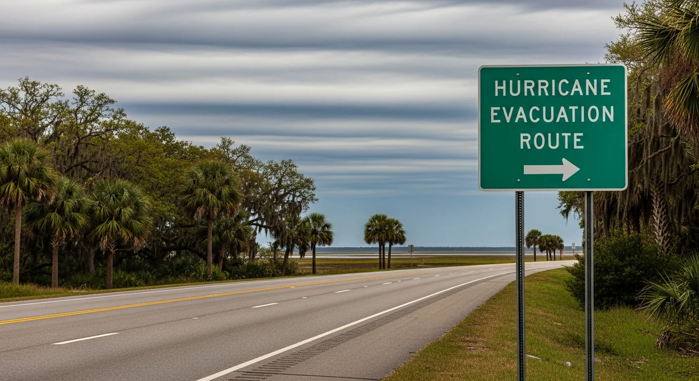 Reflective green South Carolina hurricane evacuation route highway sign with directional arrow on a coastal divided highway lined with palmetto palms and salt marsh in the background