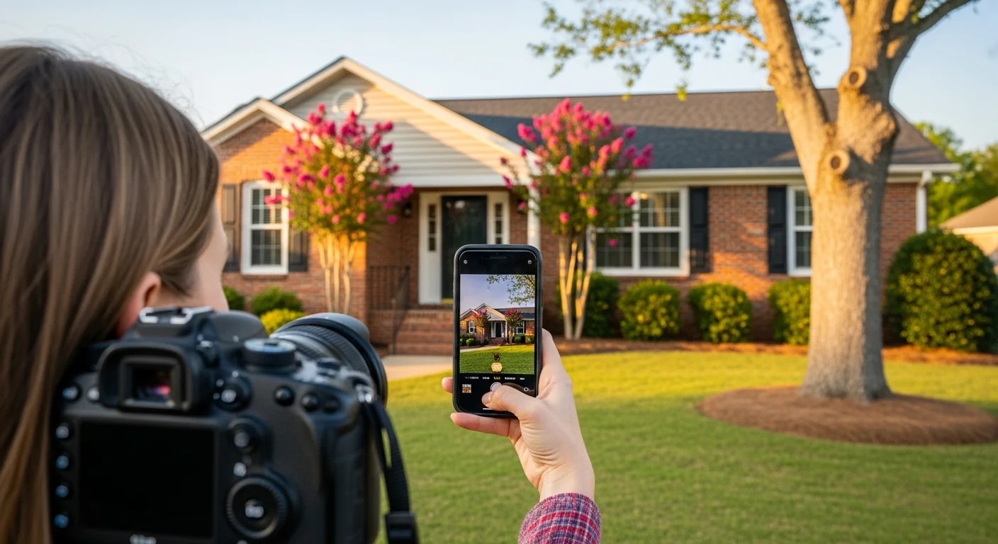 South Carolina homeowner photographing the front facade of a brick ranch home with a smartphone for an insurance home inventory before hurricane season