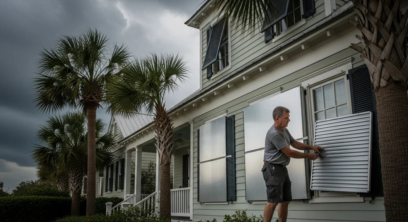 South Carolina homeowner securing aluminum storm panels and accordion shutters on the front windows of a Lowcountry coastal home as outer-band wind bends palmetto fronds during the watch phase of a tropical storm