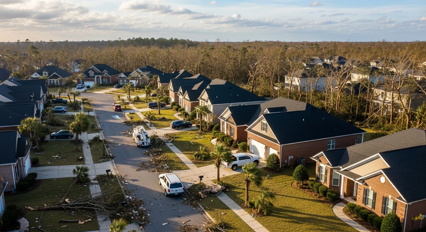 Aerial view of a South Carolina residential neighborhood the day after a hurricane with bent palmetto palms, scattered downed limbs, partially defoliated oak canopy, and returning blue sky as cleanup begins