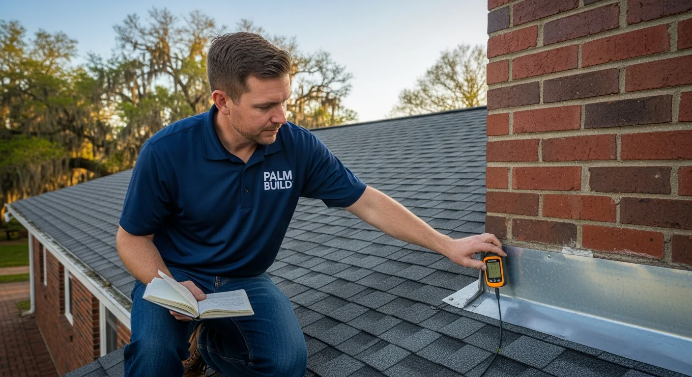 Roof inspector in a navy Palm Build polo shirt checking shingles and chimney flashing on a Pee Dee South Carolina brick ranch home before hurricane season