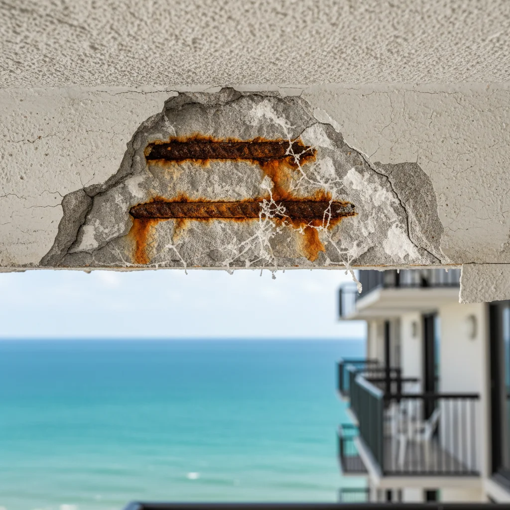 Tight macro photograph of severe concrete spalling on the underside of an oceanfront condo balcony slab, with an 18-inch section of original 1970s reinforced concrete fractured away to reveal two horizontal rebar bars bright orange with active corrosion and surrounding rust-stained concrete and white efflorescence