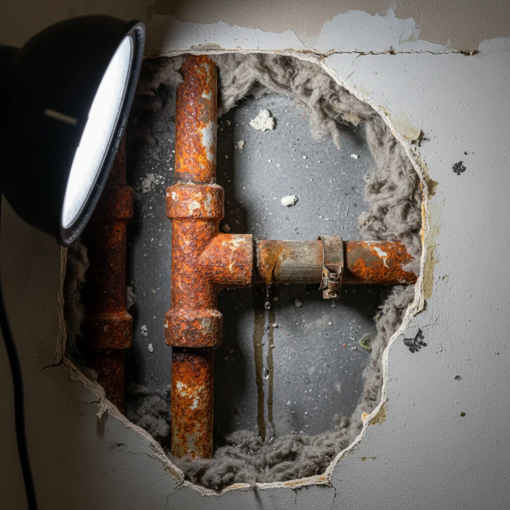 Editorial photograph looking inside an opened wall cavity in an aging South Florida condo showing a cluster of original 1970s galvanized steel water supply pipes with heavy orange rust, deep pitting, and an active pinhole leak weeping water down the pipe onto soaked fiberglass insulation below