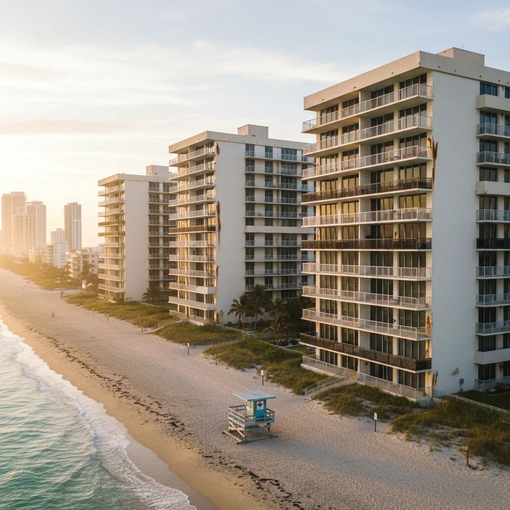 Aerial golden-hour photograph of a row of aging 1970s and 1980s South Florida oceanfront condominium towers with weathered concrete balconies, salt-stained railings, visible spalling at slab edges and rust streaks bleeding down beige stucco facades, Atlantic surf in the foreground