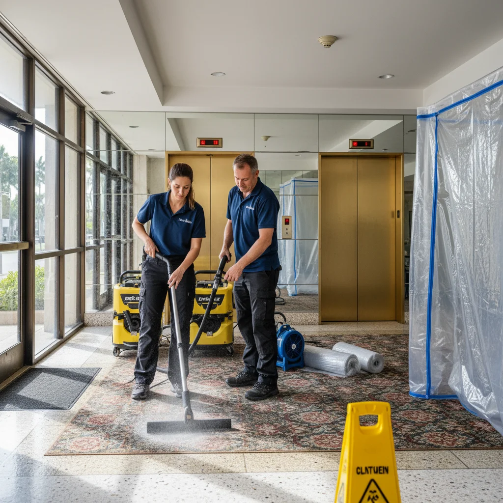 Wide editorial photograph of two Palm Build restoration technicians in matching navy polo shirts working inside the lobby of an aging South Florida high-rise condominium — one operating a truck-mount water extraction wand on soaked carpet while the second sets up two yellow Dri-Eaz commercial dehumidifiers and a Phoenix air mover beside containment plastic and mirrored 1980s lobby walls