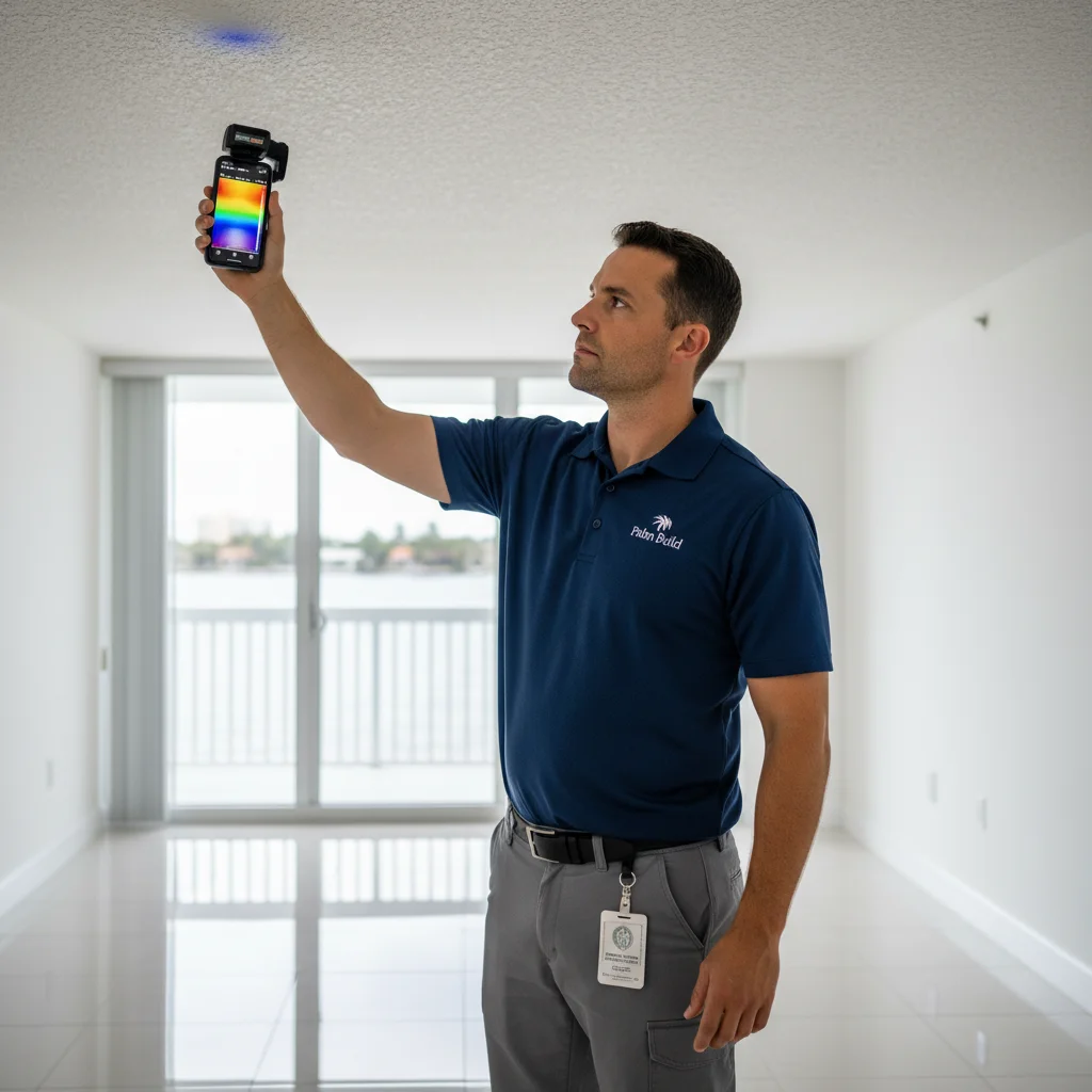 Editorial photograph of a Palm Build restoration technician in a navy polo shirt with embroidered Palm Build chest emblem aiming a FLIR thermal imaging camera at a textured popcorn ceiling in a South Florida condo unit, with a clear cold-spot indicating hidden moisture visible on the camera's screen