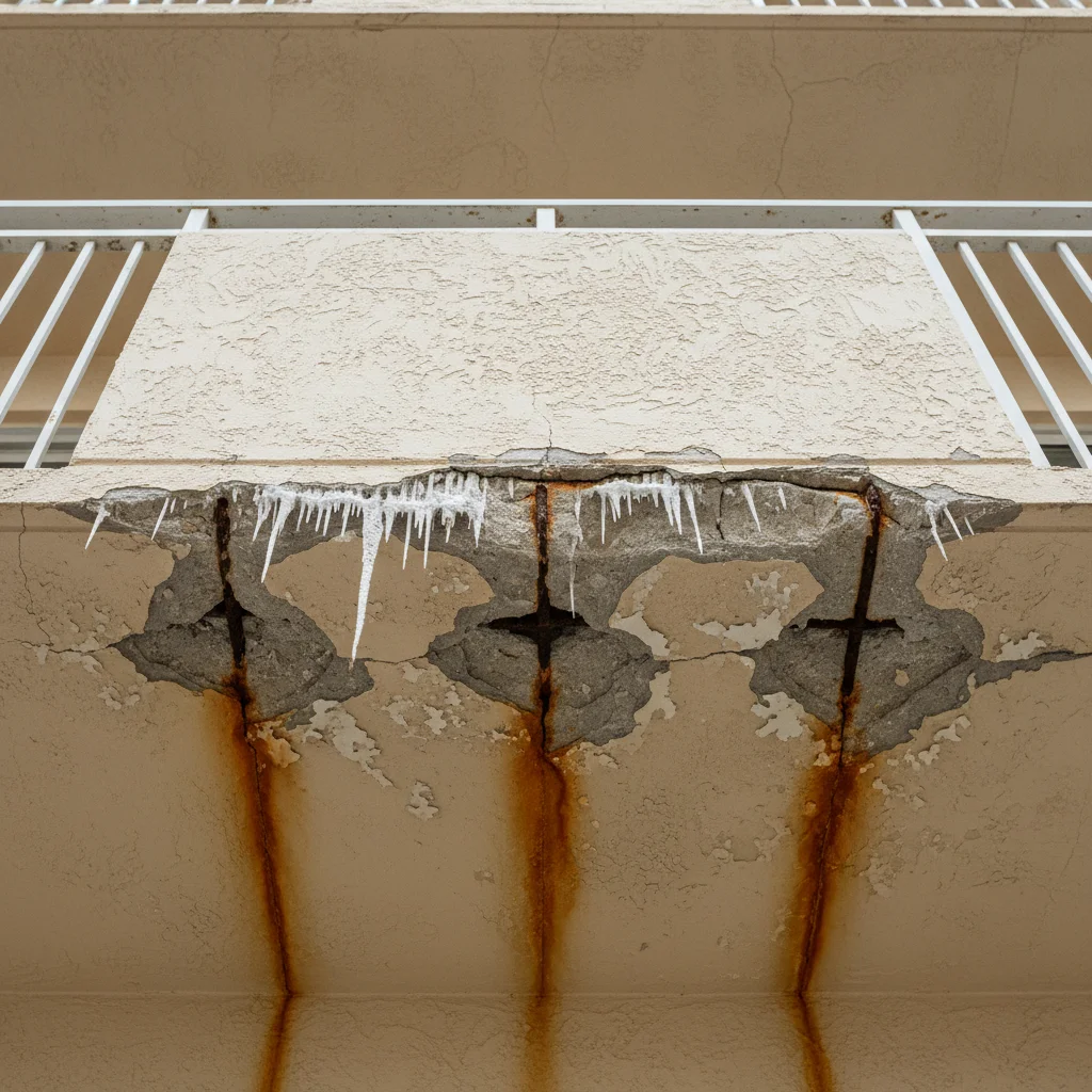 Close-up architectural photograph of the underside of a coastal South Florida condo balcony showing salt-air corrosion: rust streaks bleeding down beige stucco, white efflorescence drips along a slab-edge crack, and three rust-stained spalling pockets where corroded rebar is starting to push concrete outward