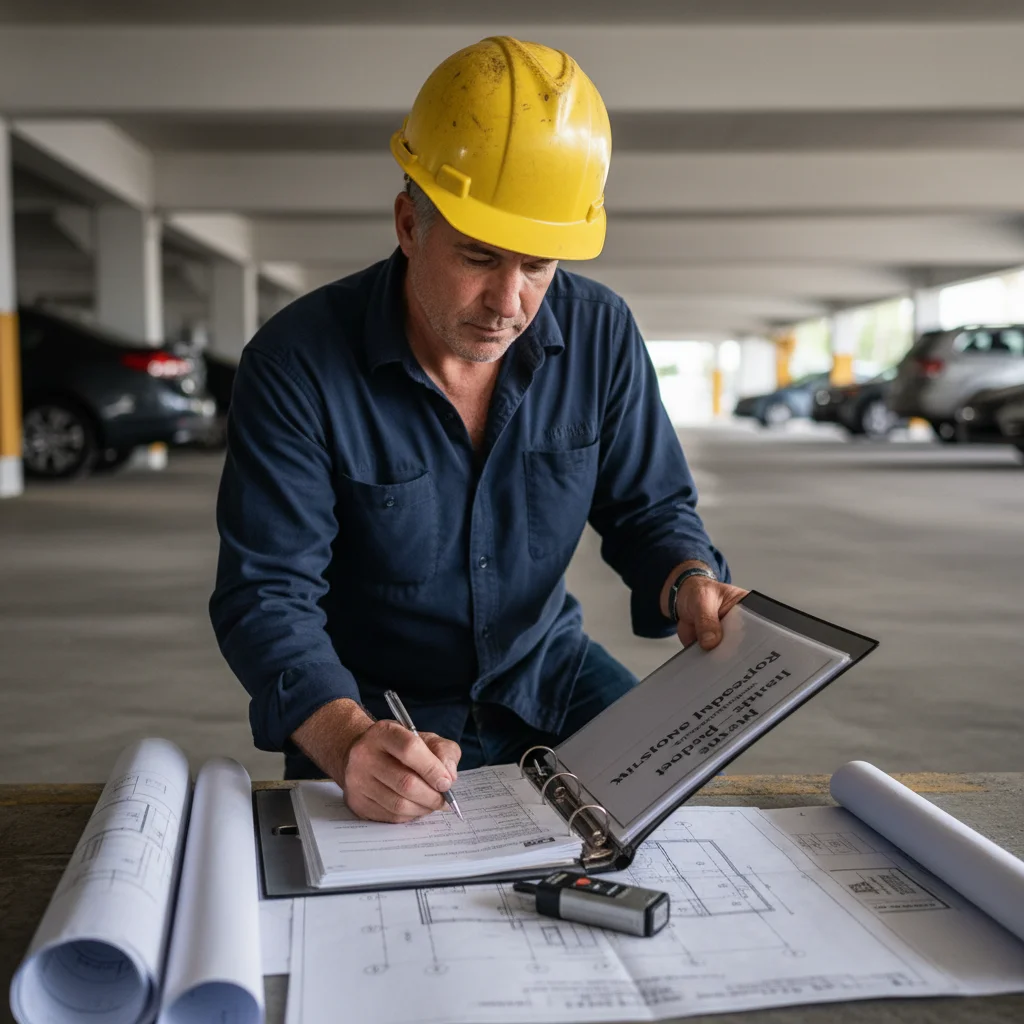 Editorial photograph of a structural engineer in a yellow hard hat kneeling in a South Florida condo parking garage reviewing a thick Milestone Inspection Report Phase 1 binder alongside engineering drawings, with original poured-concrete support columns visible showing vertical hairline cracks and white efflorescence streaks