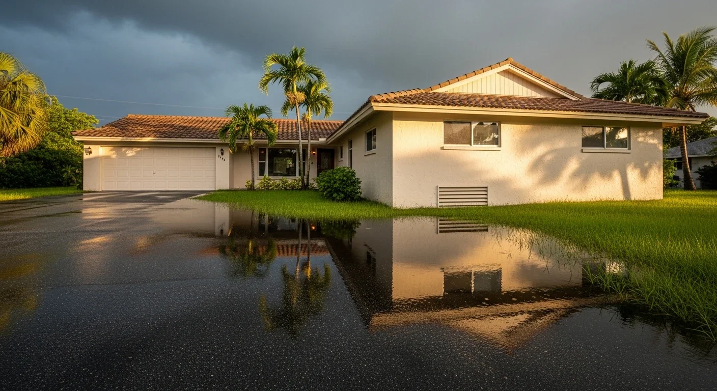 Exterior of a 1980s Florida ranch home after a heavy rainstorm with standing water near the foundation, barrel tile roof, and palm trees