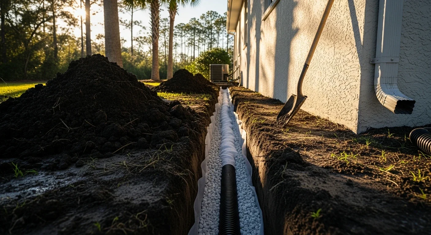 Exterior French drain trench beside a home foundation with perforated drain pipe in geotextile fabric and washed gravel