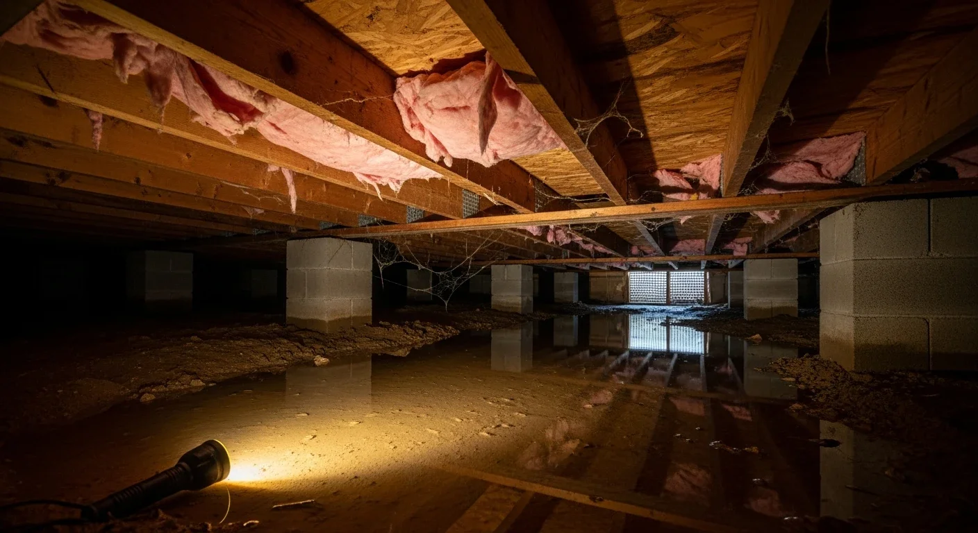 Wide view of a residential crawl space with several inches of murky standing water covering the dirt floor, reflecting a yellow flashlight beam with water-stained wood joists and sagging insulation overhead