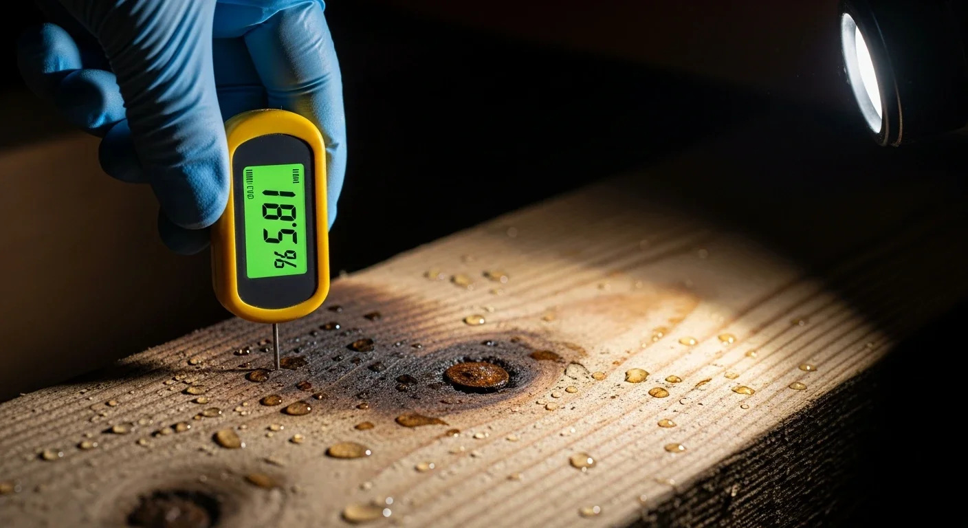 Gloved hand holding a pin-style digital moisture meter against a damp wooden floor joist inside a crawl space