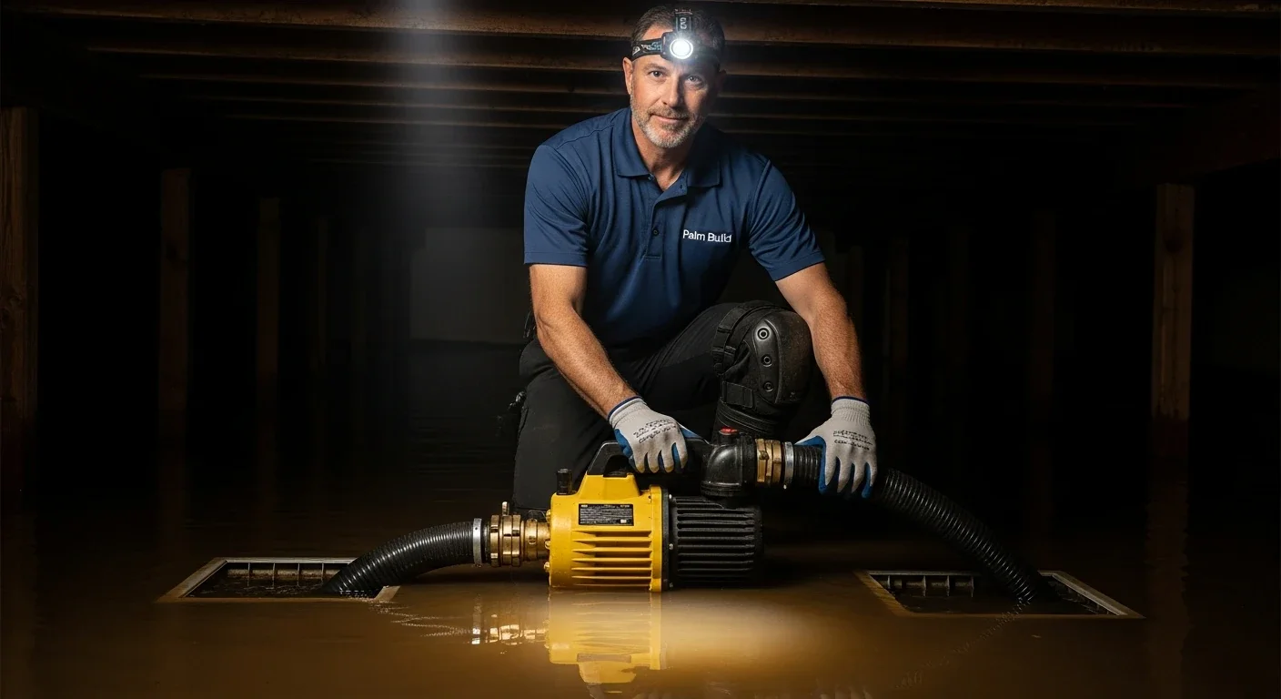 Palm Build restoration technician in a navy polo and headlamp operating a yellow submersible pump inside a flooded residential crawl space