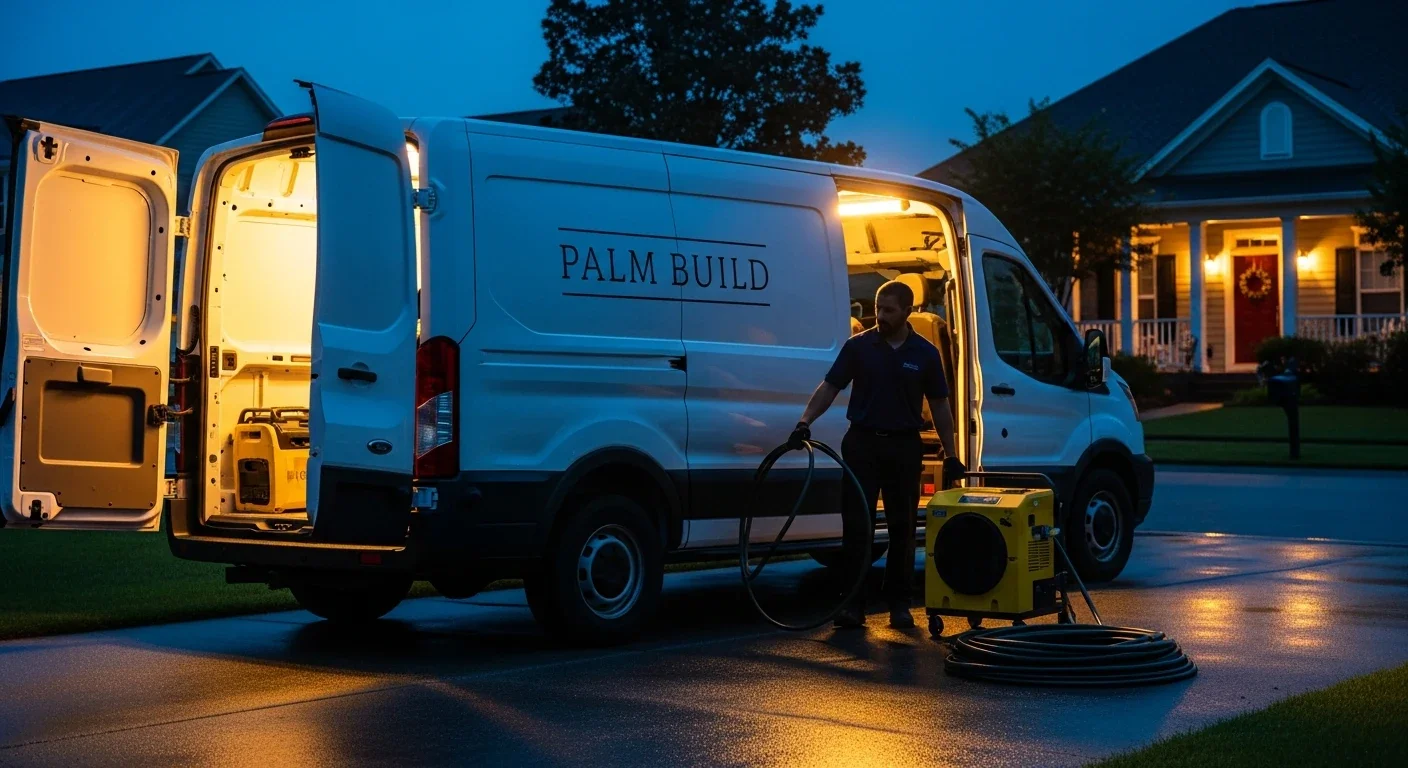 Palm Build work van parked in a residential driveway at dusk with rear doors open and a technician unloading restoration equipment
