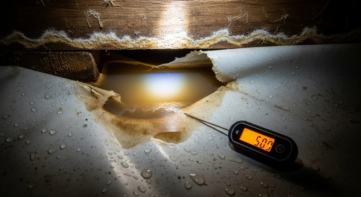 Close-up of murky standing water pooled on top of a torn white vapor barrier next to a digital moisture meter inside a crawl space