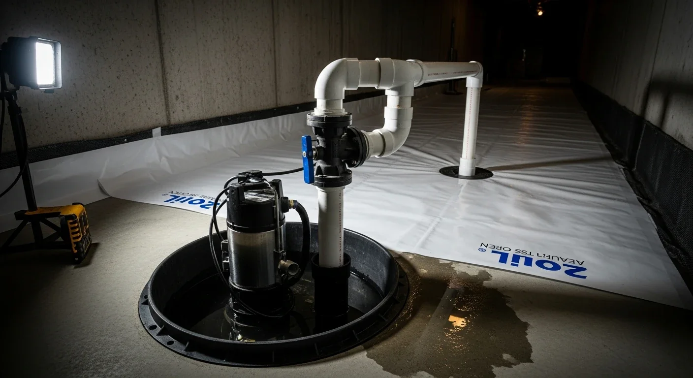 Freshly installed sump pump basin inside a residential crawl space with a PVC discharge line and check valve, fresh vapor barrier on the floor