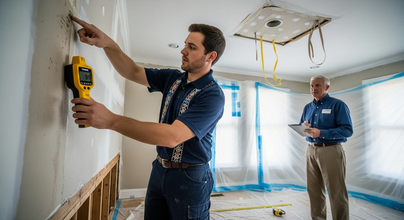 Wide shot of a Palm Build technician in a navy embroidered polo walking an insurance adjuster with a tablet and clipboard through the interior of a storm-damaged home, pressing a yellow Tramex moisture meter against stained drywall while pointing to a bulged ceiling panel, plastic containment sheeting visible